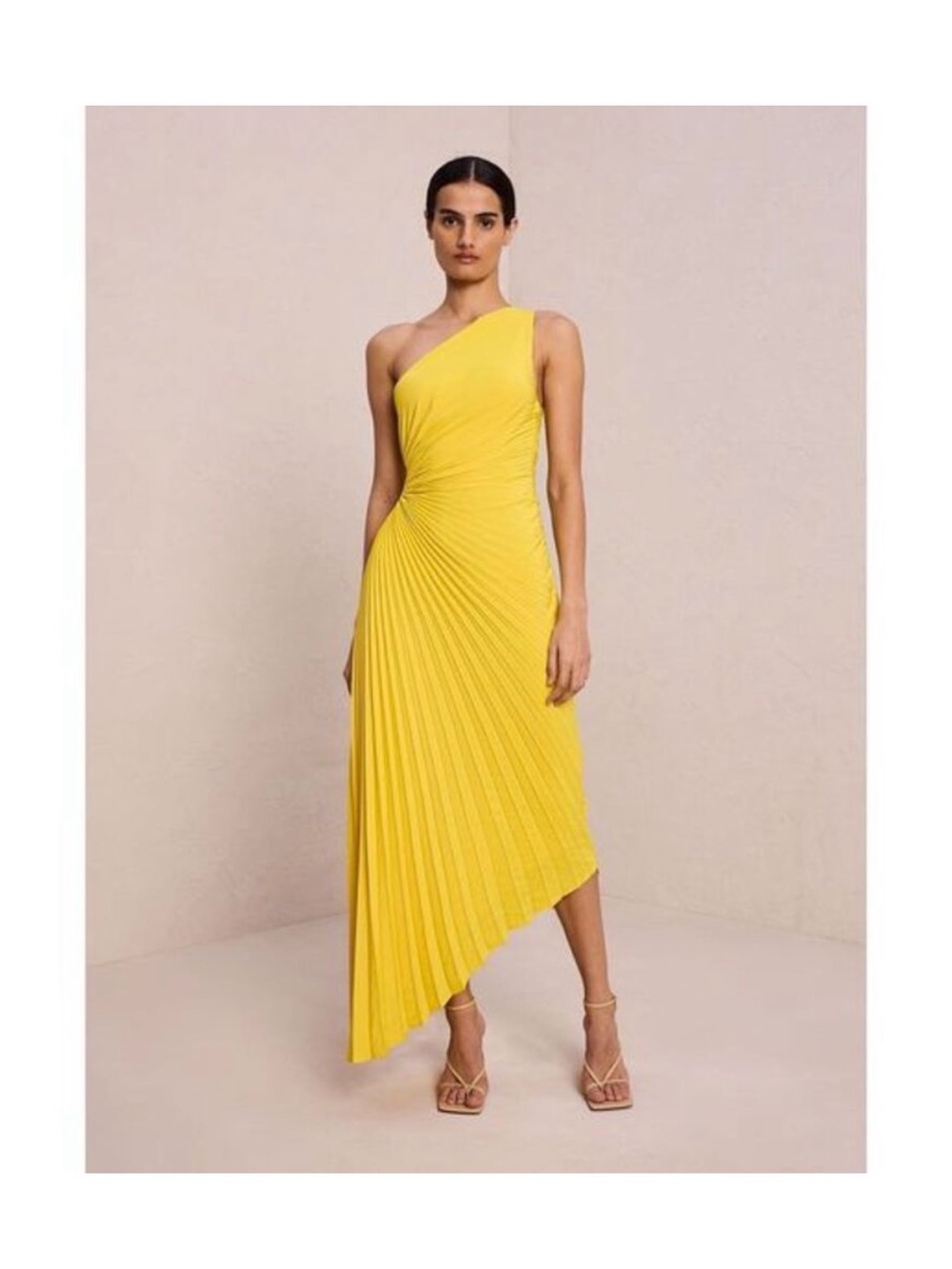 A.L.C. One-Shoulder Bright Yellow Pleated Midi Dress